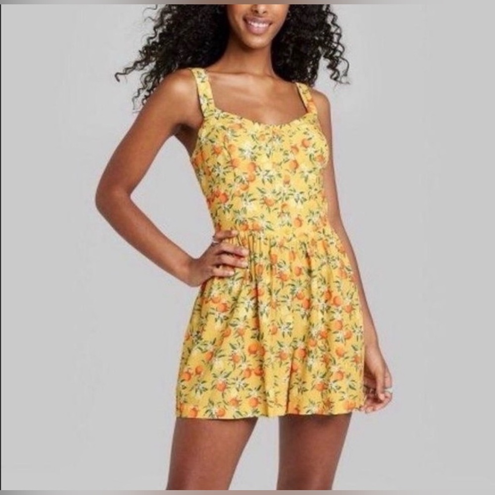 Yellow Citrus Fruit Button-Front Romper linen feel - Picture 1 of 5